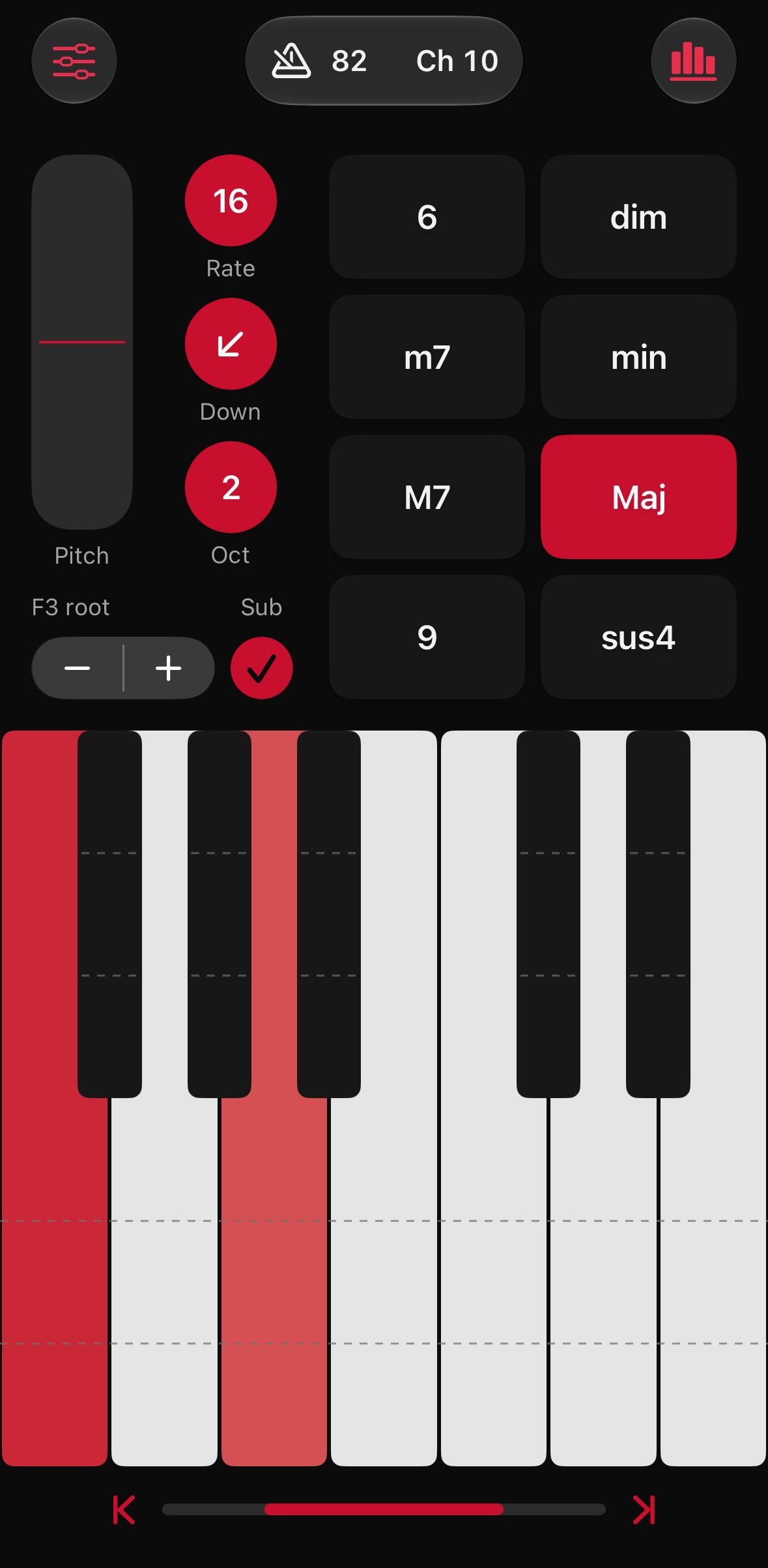 The iPhone layout with Maj held and a C major triad lit across the keyboard