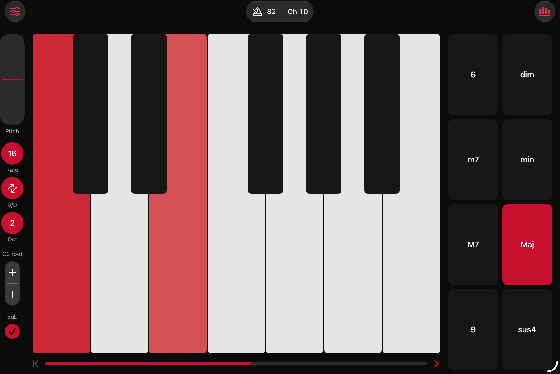 Mother MIDI on iPad sending on channel 10, with Maj latched and its notes lit across the keyboard