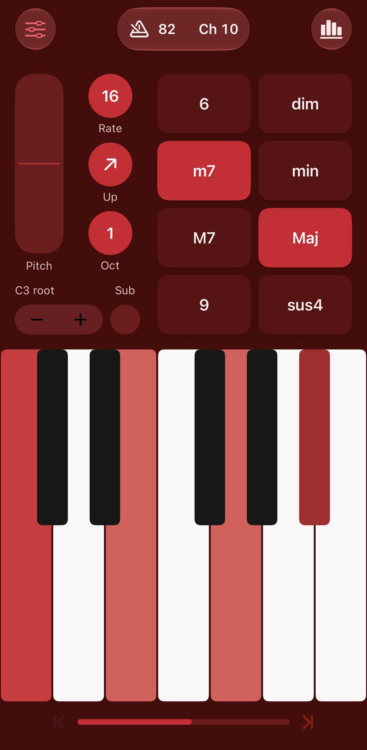 Mother MIDI on iPhone in its oxblood theme, with m7 and Maj held